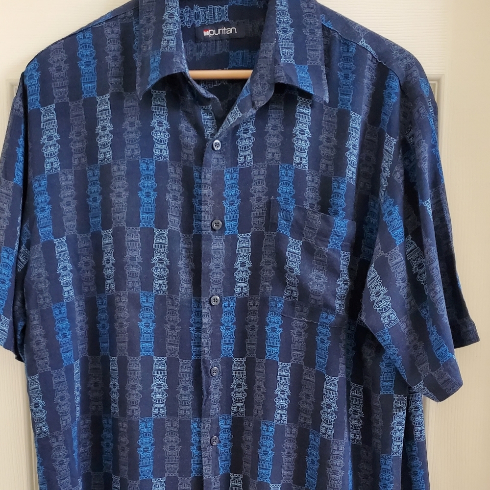 Puritan Men's Blue Polynesian 100% Rayon Hawaiian Button Down Shirt Sz M
